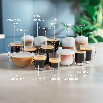 Série 5500 EP5546/70 – 20 Boissons Chaudes et Glacées,Carafe LatteGo facile à nettoyer,SilentBrew,QuickStart,Machine à café à grain Noir/Argent